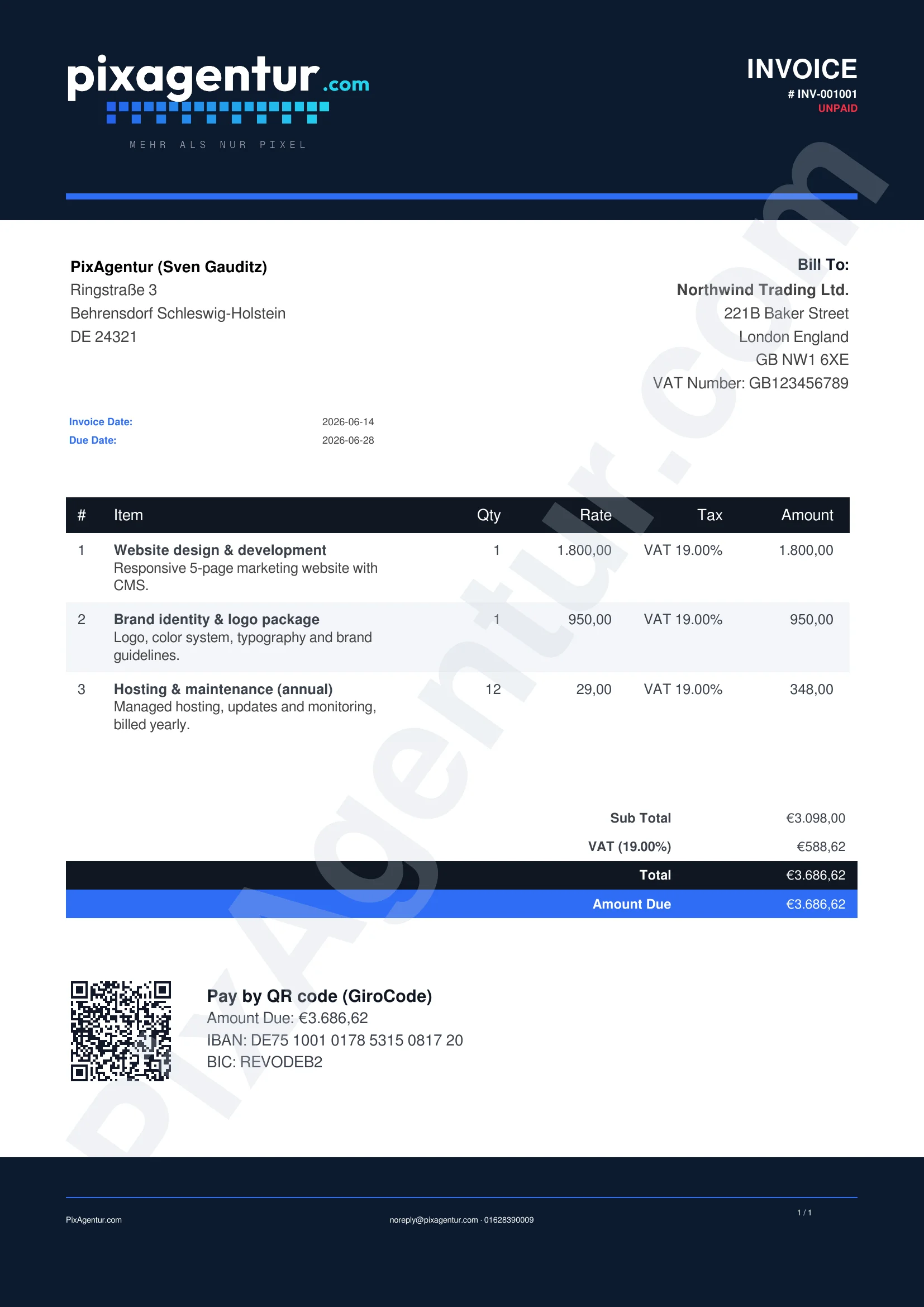 Fertig gerenderte Perfex-Rechnung im Midnight-Theme mit GiroCode-QR-Code zum Bezahlen im Fußbereich