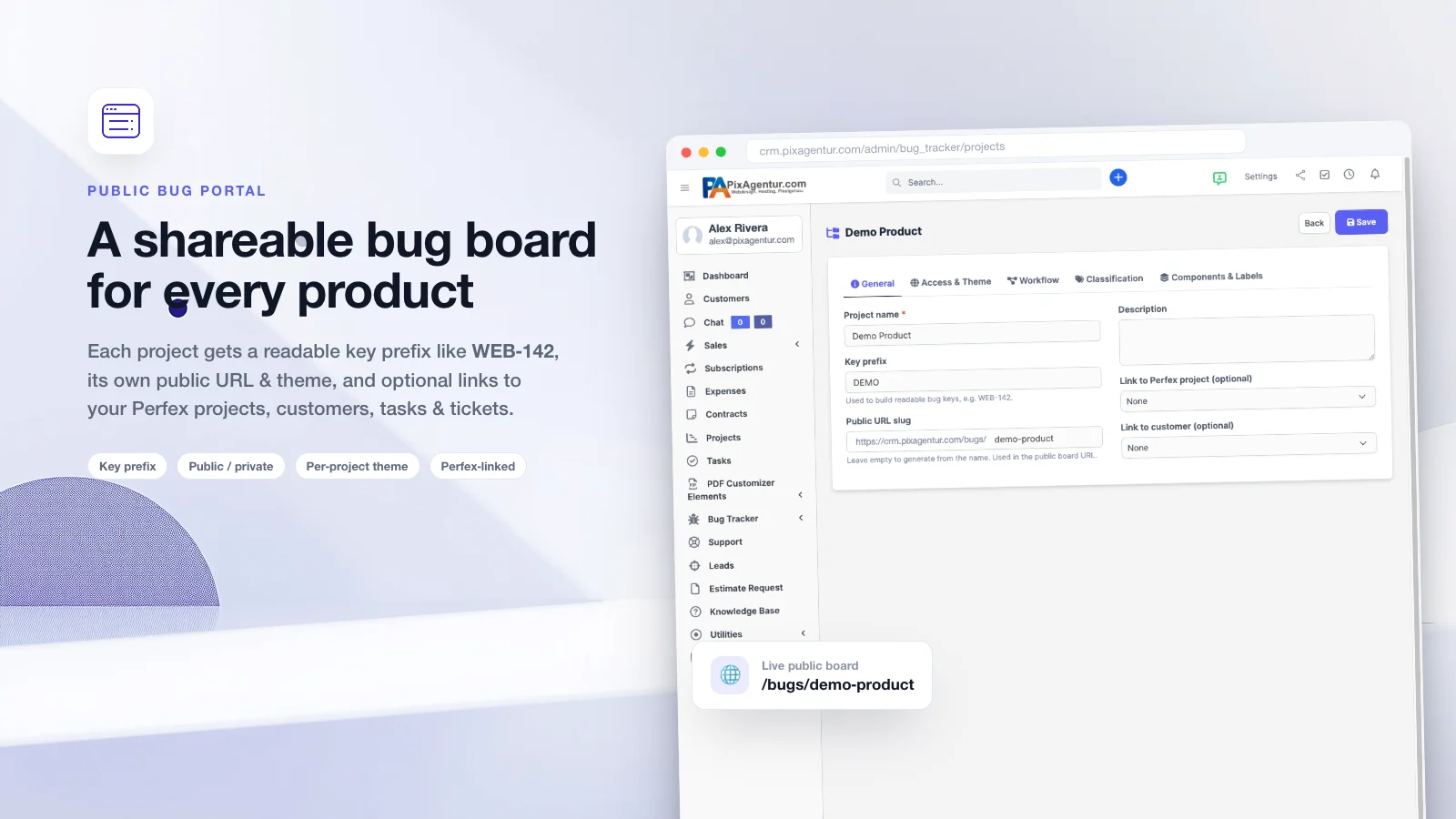 Bug Tracker fuer Perfex CRM: Bug-Projekt mit Schluessel-Praefix WEB-142 und oeffentlicher Board-URL im Perfex-Admin anlegen