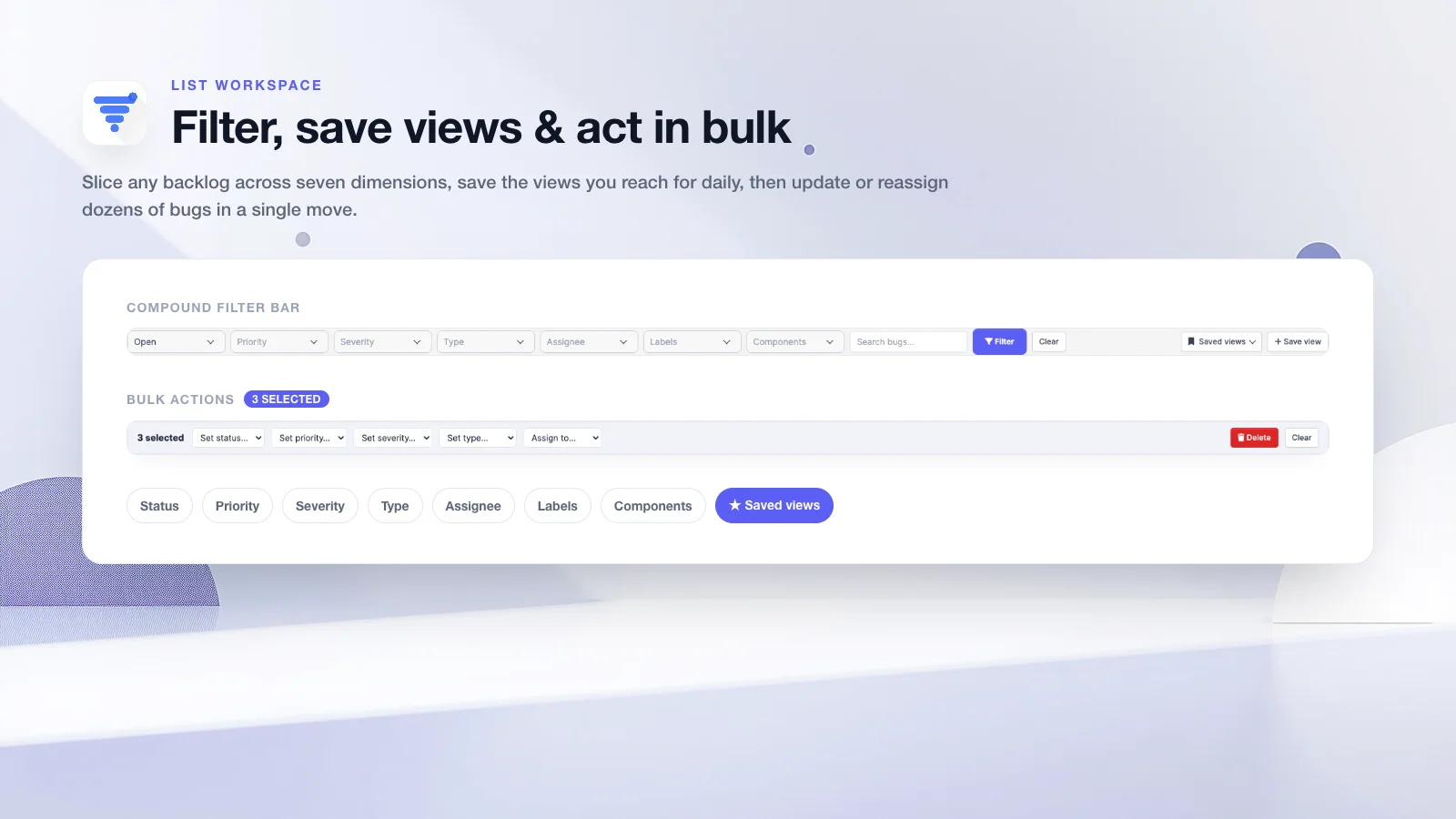 Listen-Arbeitsbereich im Bug Tracker fuer Perfex mit kombinierbaren Filtern, gespeicherten Ansichten und Bulk-Aktionen fuer mehrere Bugs