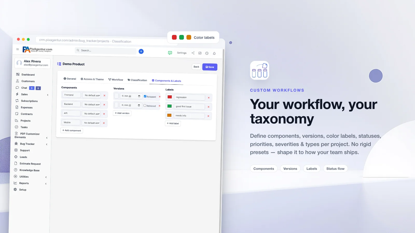 Eigene Workflows im Bug Tracker fuer Perfex CRM: Komponenten, Versionen und farbige Labels pro Projekt konfigurieren