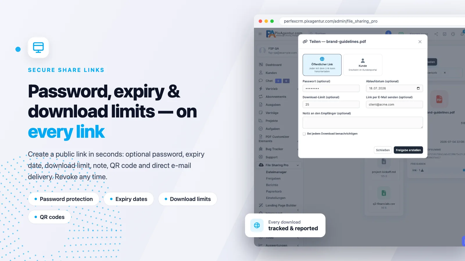 Share-Link-Dialog in Perfex CRM mit Passwort, Ablaufdatum und Download-Limit für sicheres Datei-Teilen