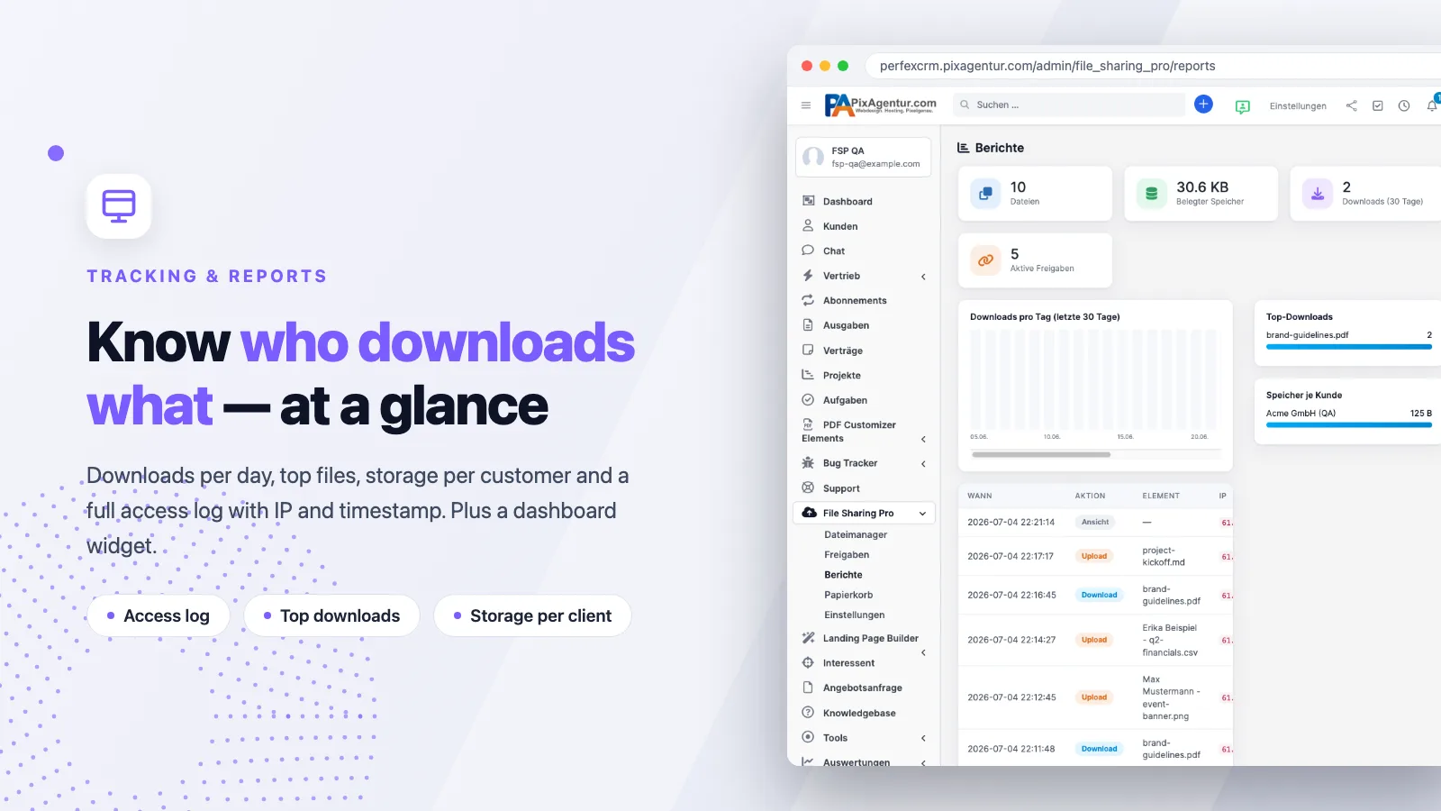 Berichte in File Sharing Pro für Perfex CRM mit Downloads pro Tag, Top-Dateien und Zugriffsprotokoll mit IP und Zeitstempel
