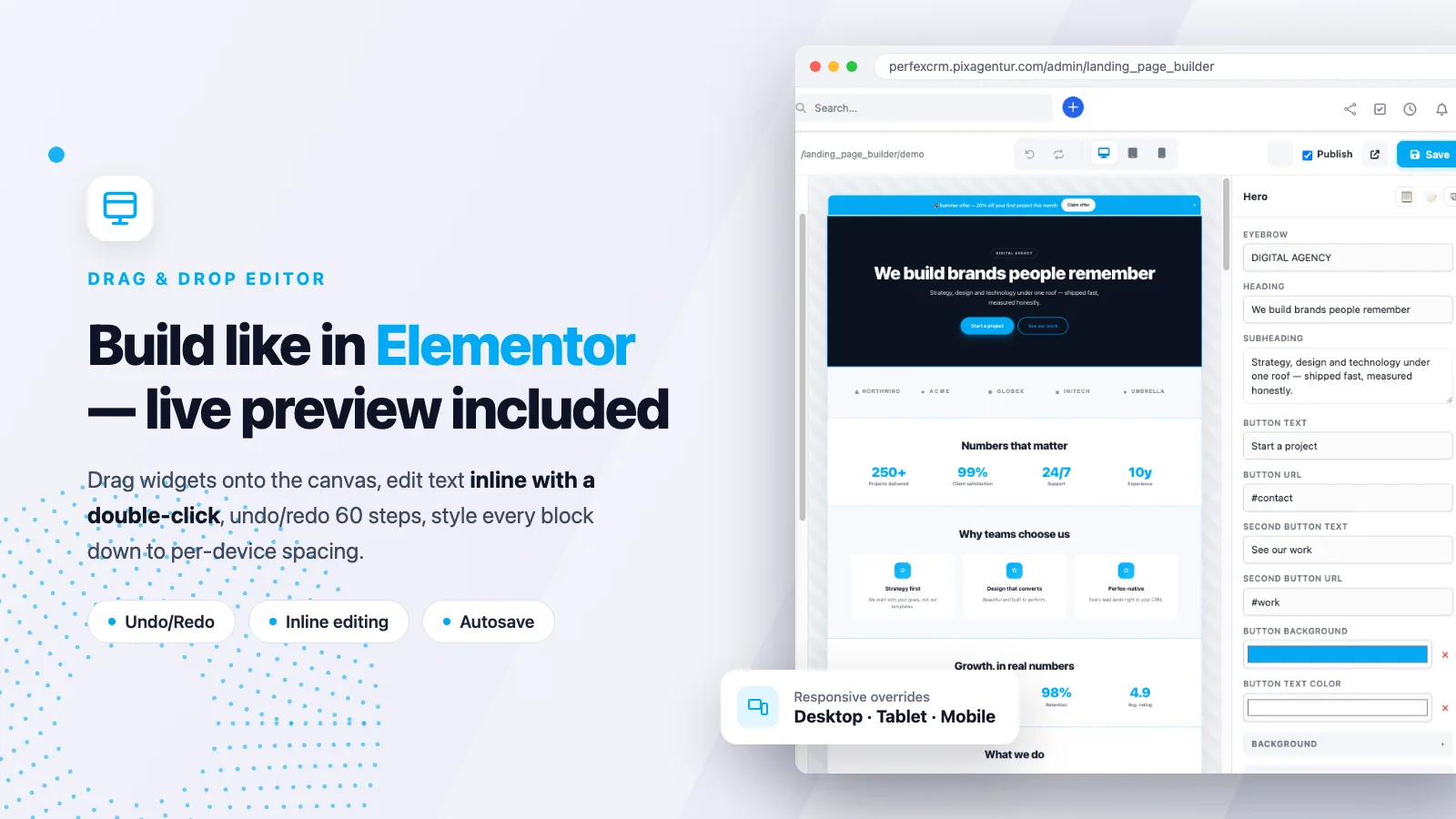 Drag-and-drop-Editor des Landing Page Builder für Perfex CRM mit Widget-Palette, Live-Vorschau und Style-Panel