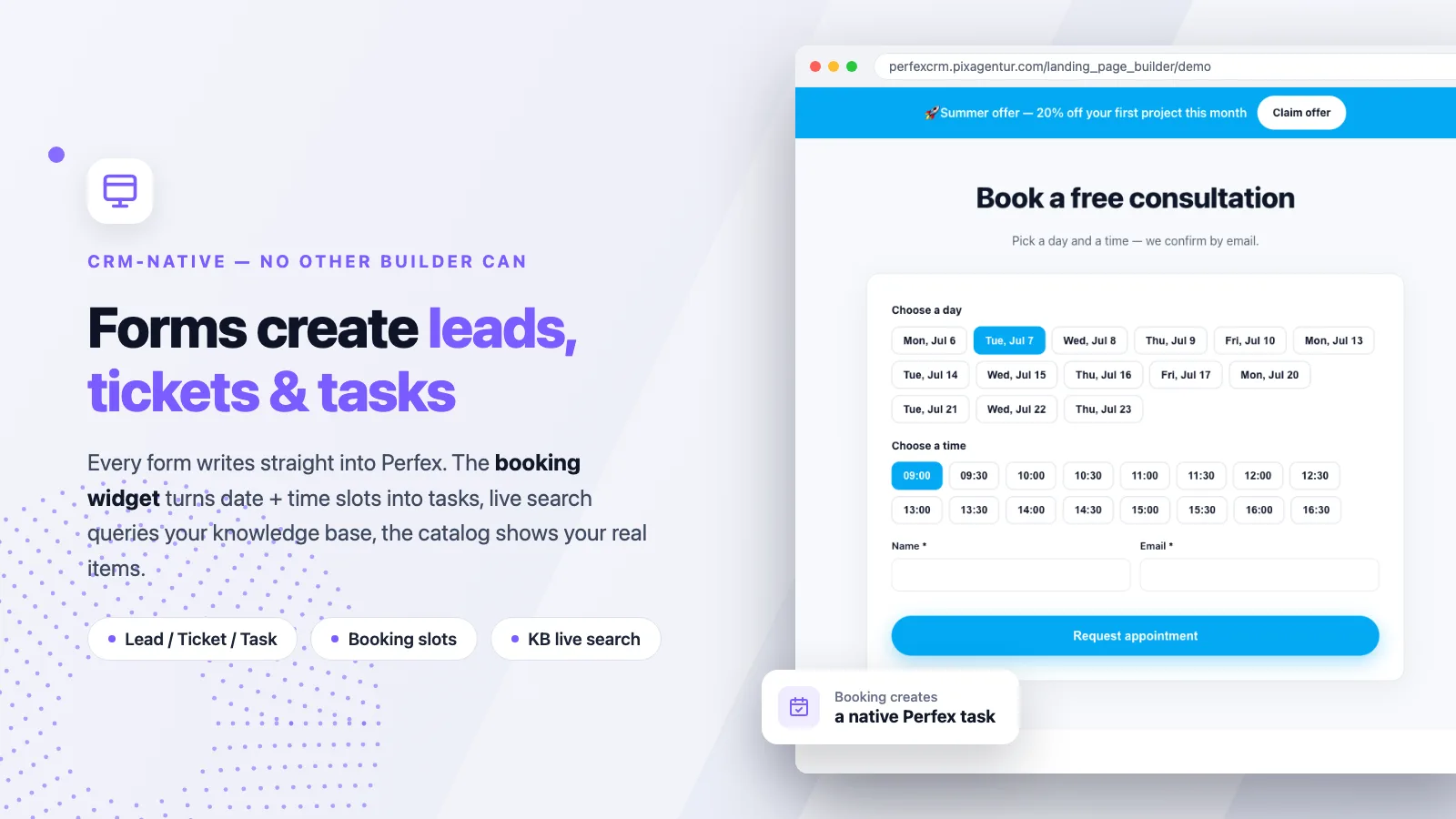 Lead-Capture in Perfex: Terminbuchungs-Formular mit Tag- und Slot-Auswahl, das eine native Perfex-Aufgabe erzeugt