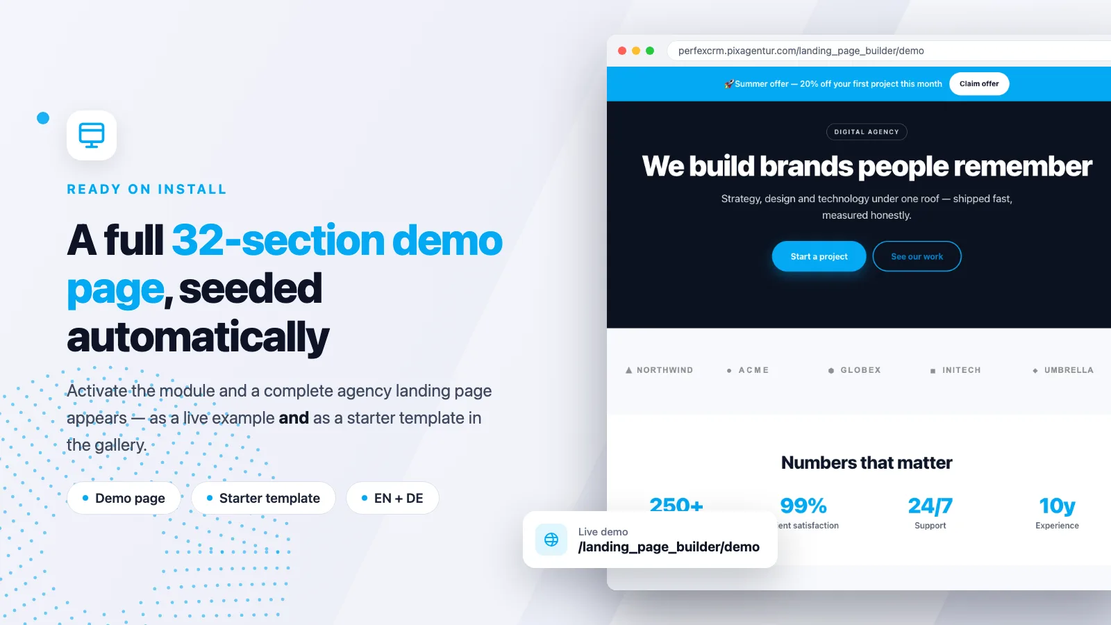 Fertige 32-Sektionen-Demo-Landingpage des Landing Page Builder für Perfex CRM, automatisch bei der Aktivierung angelegt
