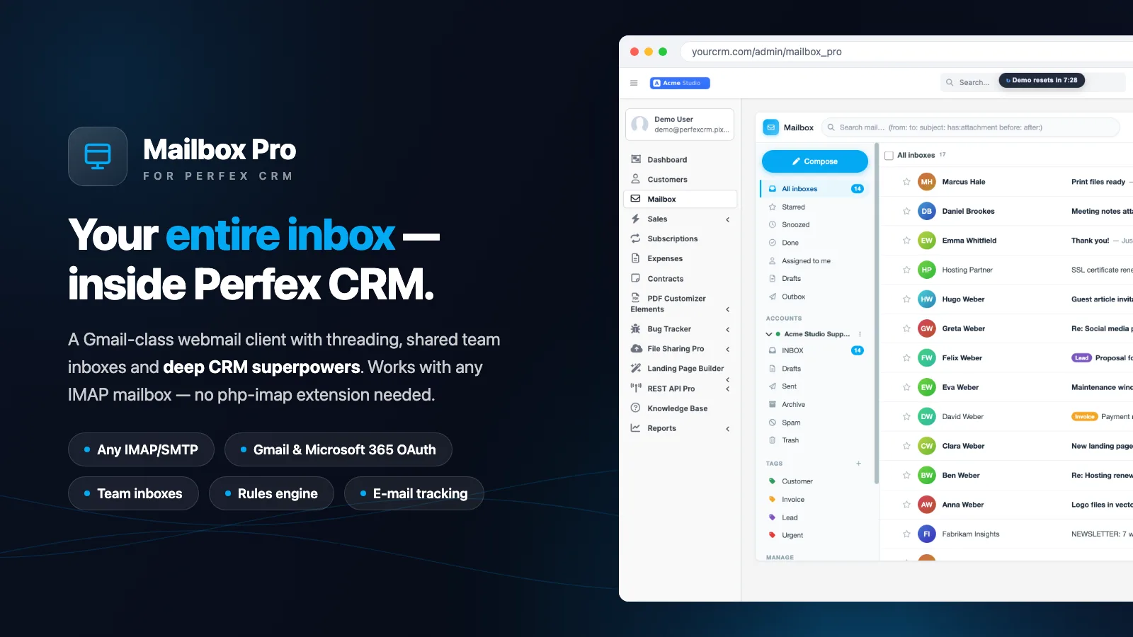 Webmail Client für Perfex CRM: dreispaltige Mailbox-Pro-Oberfläche mit Ordnern, Thread-Liste und Unified Inbox im Perfex-Admin
