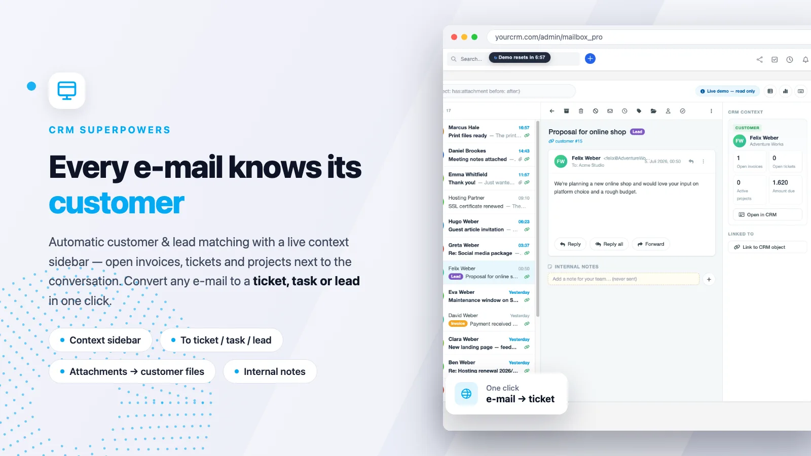 E-Mails im CRM verwalten: Mailbox Pro zeigt neben der Nachricht eine CRM-Kontext-Sidebar mit Kunde, offenen Rechnungen und Tickets