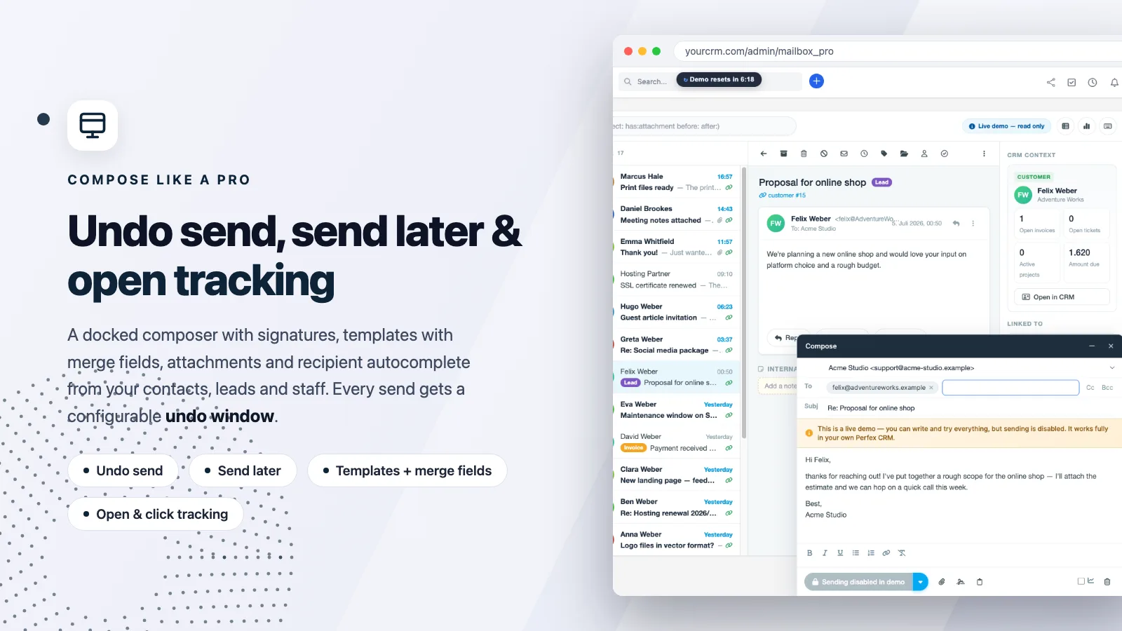 IMAP/SMTP in Perfex: andockbarer Compose-Editor von Mailbox Pro mit Undo Send, Send Later, Vorlagen und Merge-Feldern