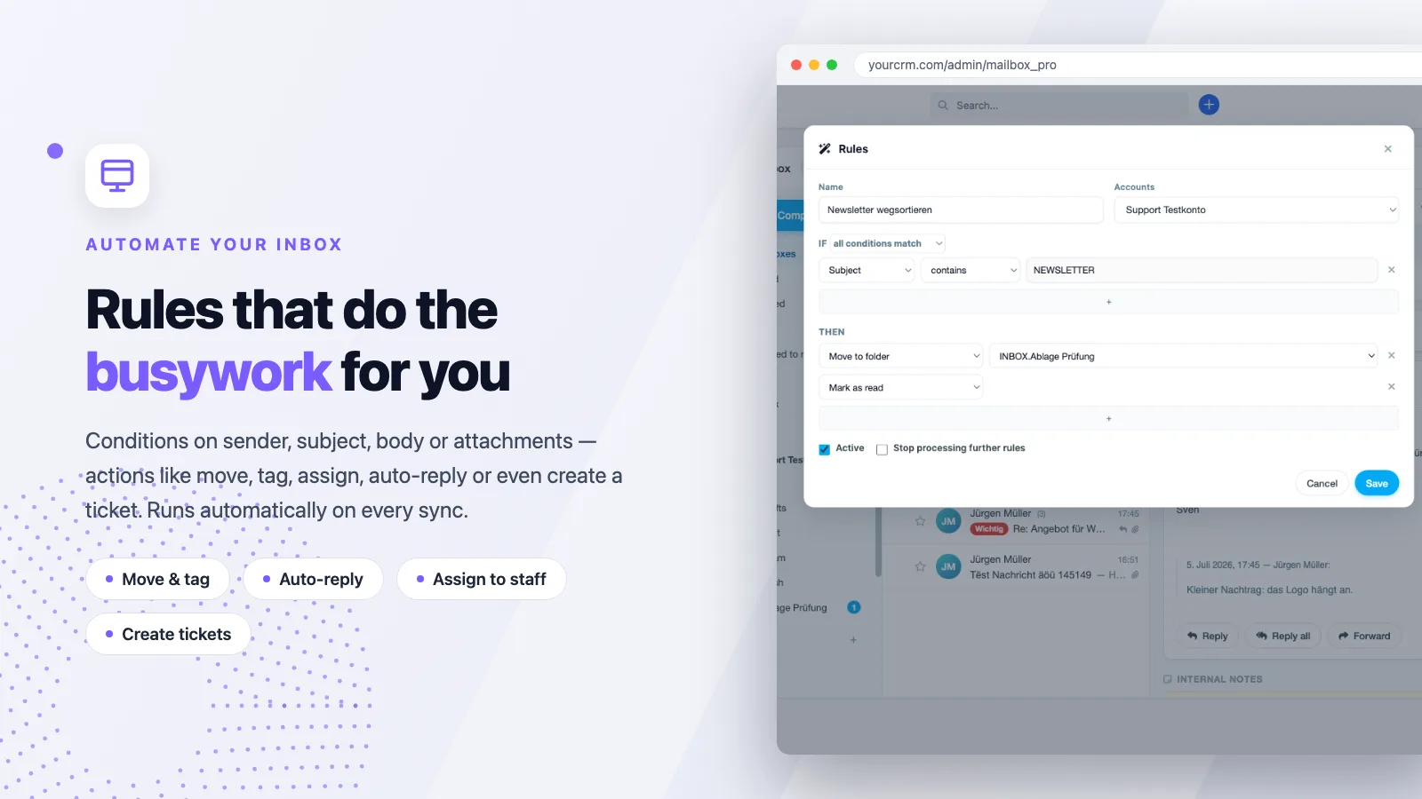Team-Postfach für Perfex: Regel-Editor von Mailbox Pro mit Bedingungen auf Betreff und Aktionen wie Verschieben und Als gelesen markieren