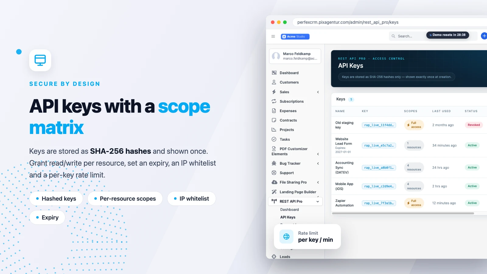 Perfex API-Keys mit Scope-Matrix, Ablaufdatum und Status in REST API Pro