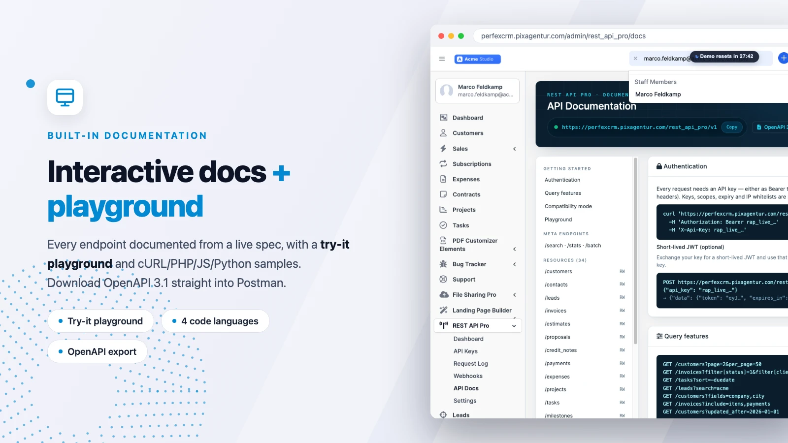 Interaktive OpenAPI-Dokumentation und Try-it-Playground für die Perfex REST-API