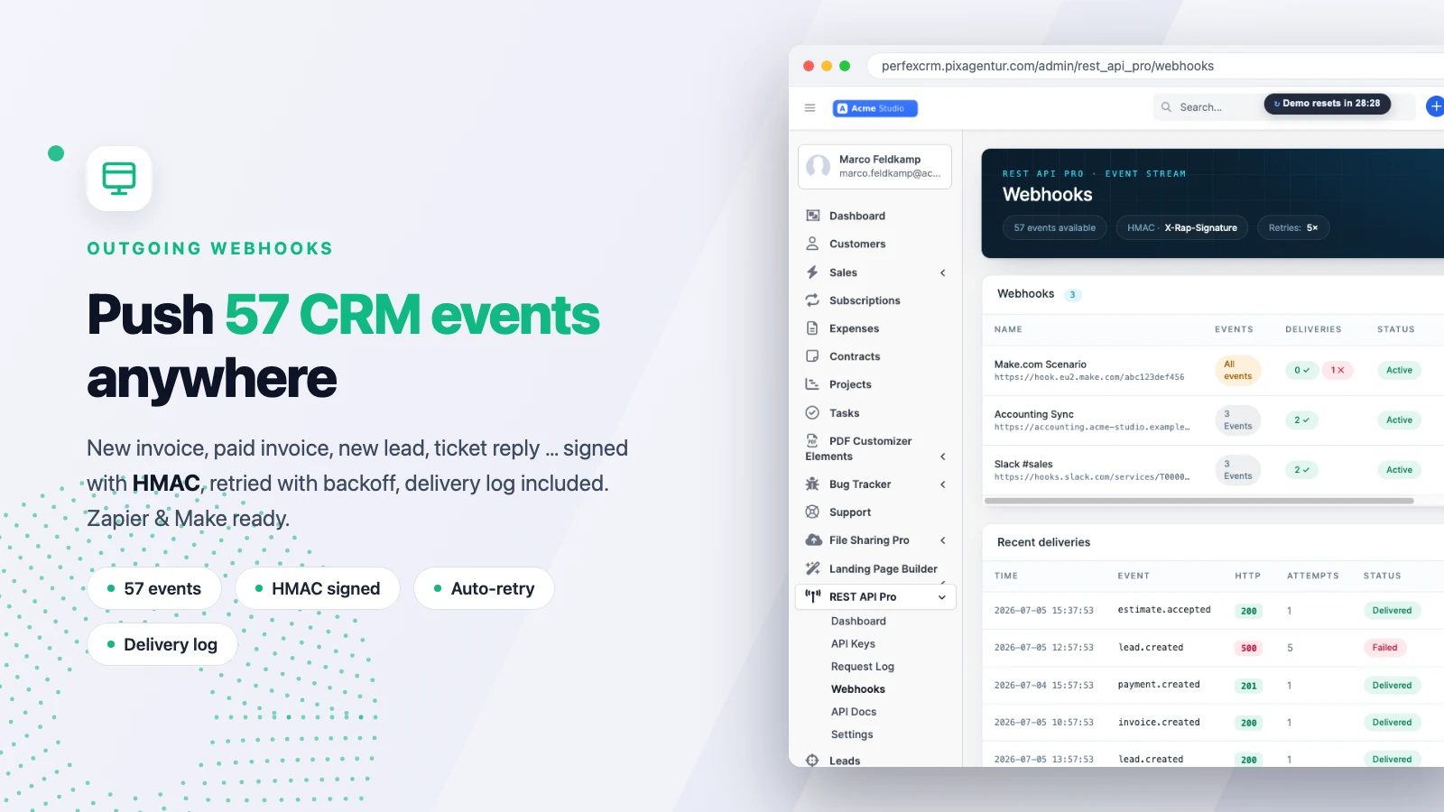 Ausgehende Webhooks in Perfex CRM mit HMAC-Signatur, Zustell-Log und Retry-Status